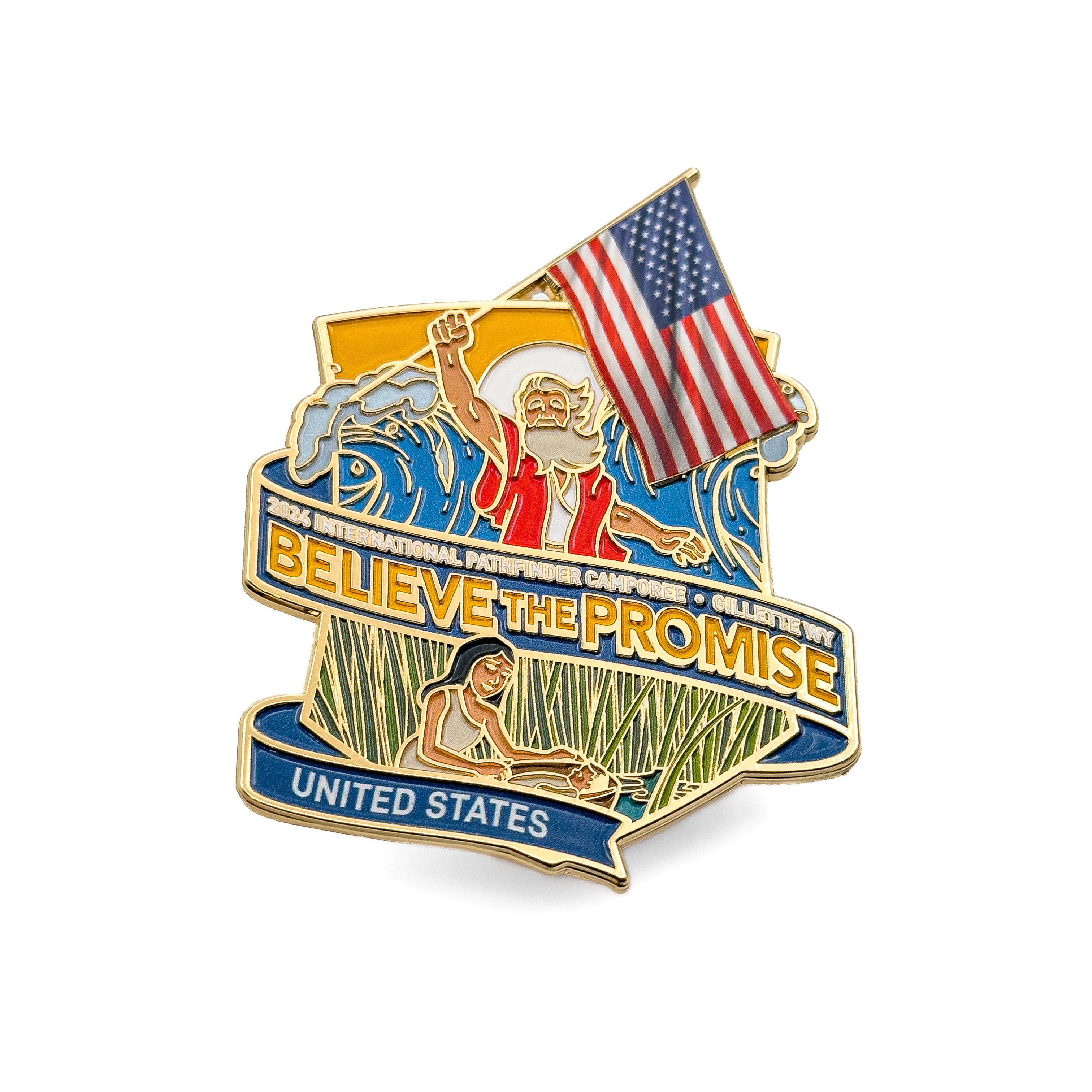 A pin badge featuring an illustration of a person holding a flag, with the text 'BELIEVE THE PROMISE' and 'UNITED STATES', against a blue background.