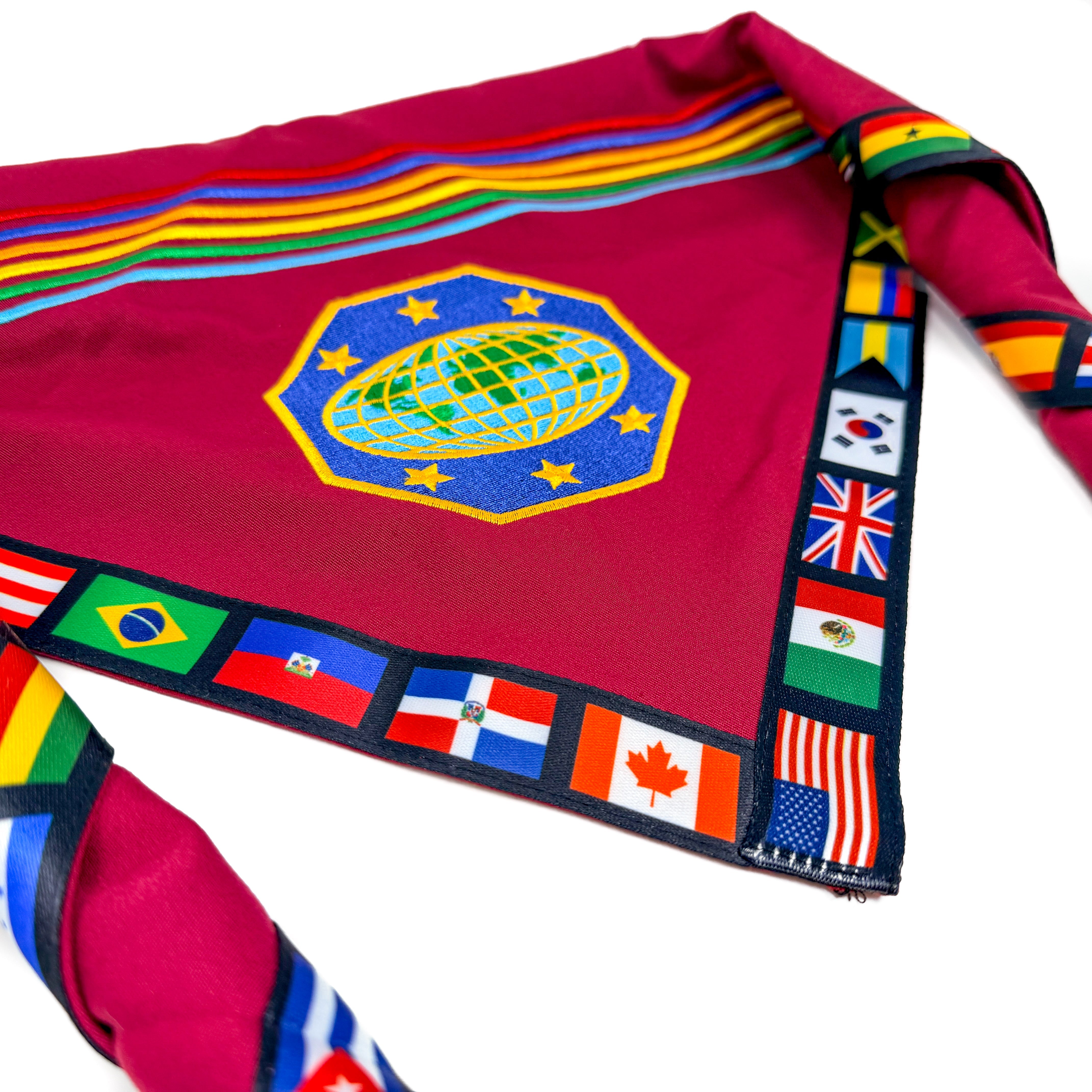 Scarf with international flag patterns on a white background