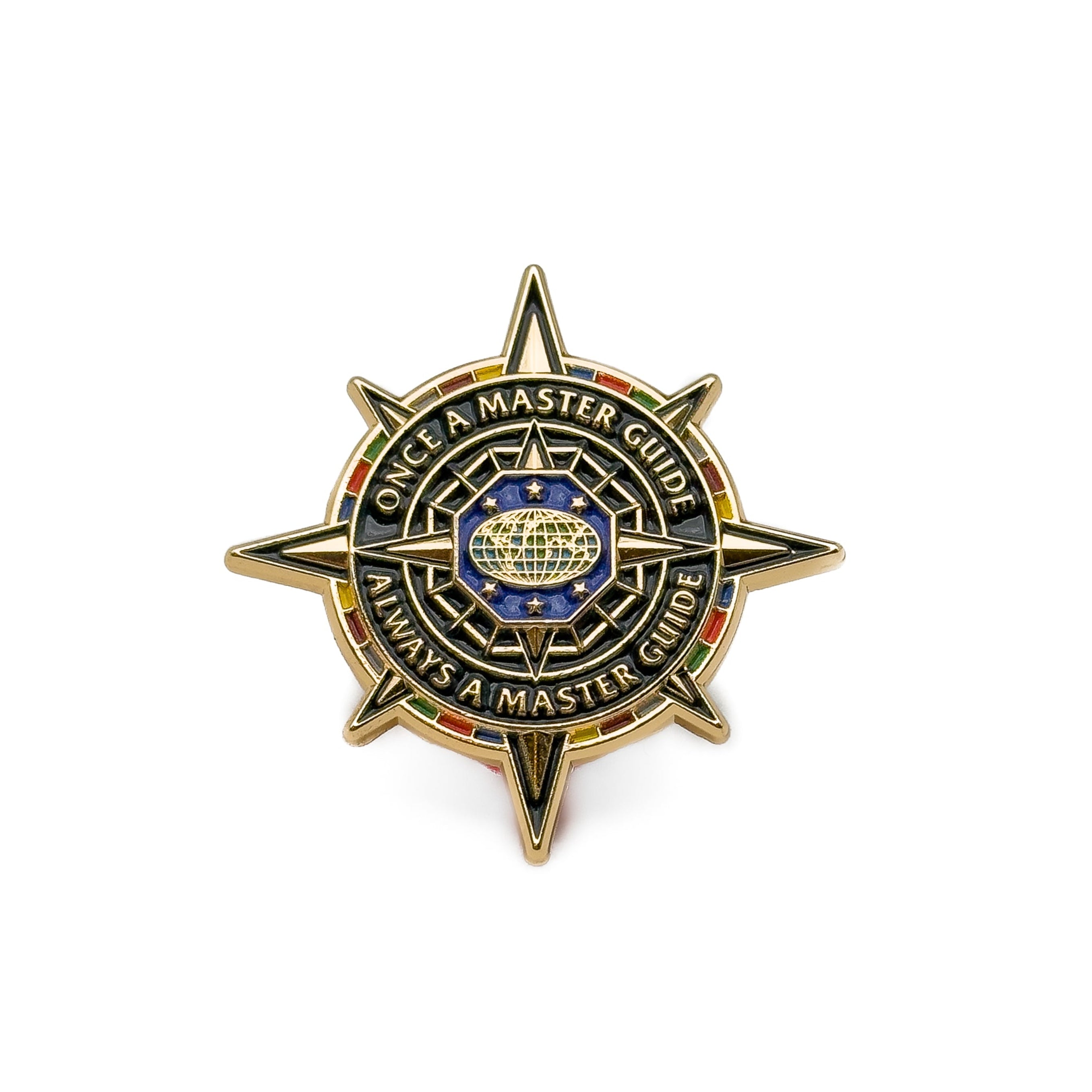 Star-shaped badge with text and emblem on a white background