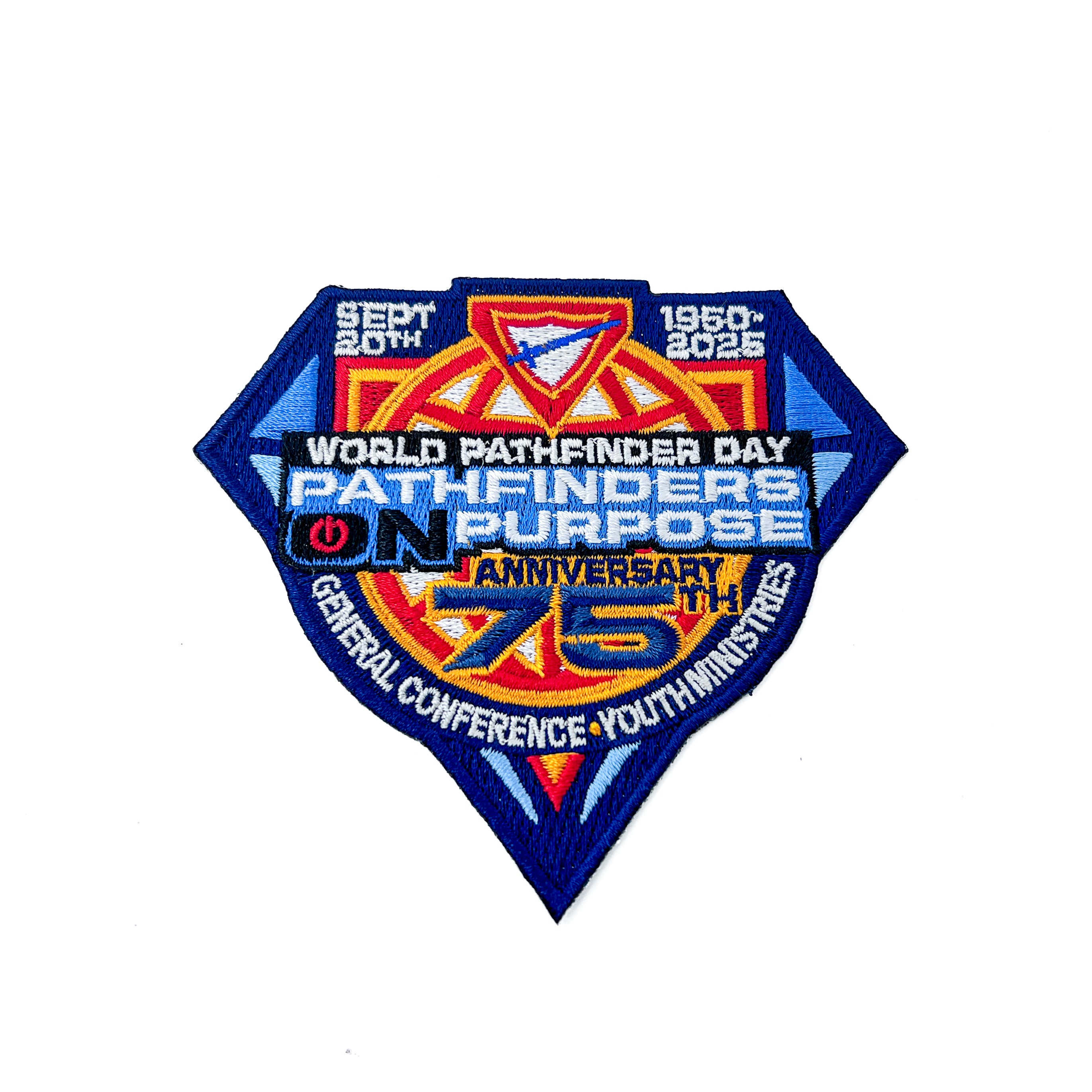 A patch with a blue background featuring text and logos related to World Pathfinder Day 2025, celebrating 'Pathfinders on Purpose'.