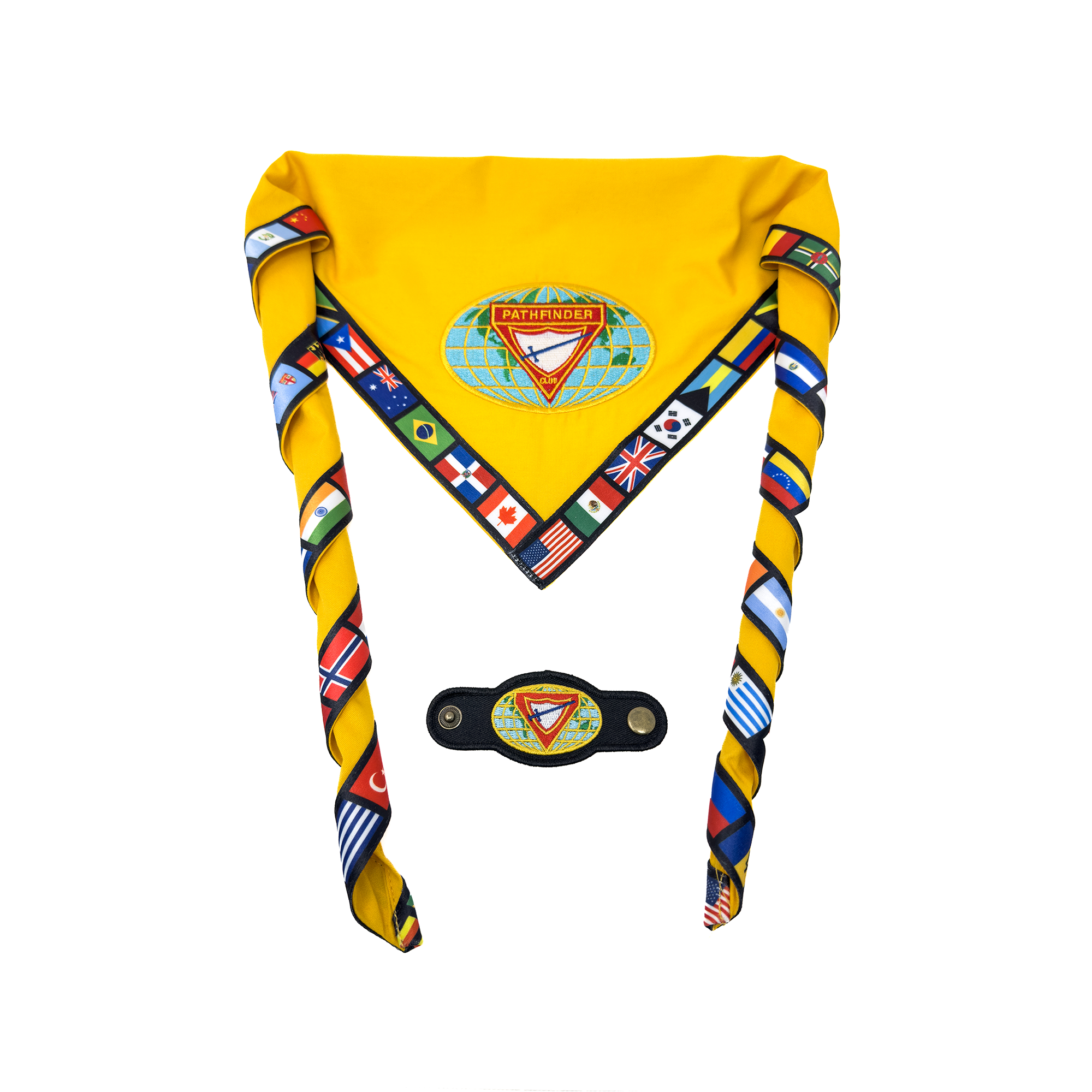 A yellow neck scarf with a slide, decorated with various national flags and an international camporee emblem.