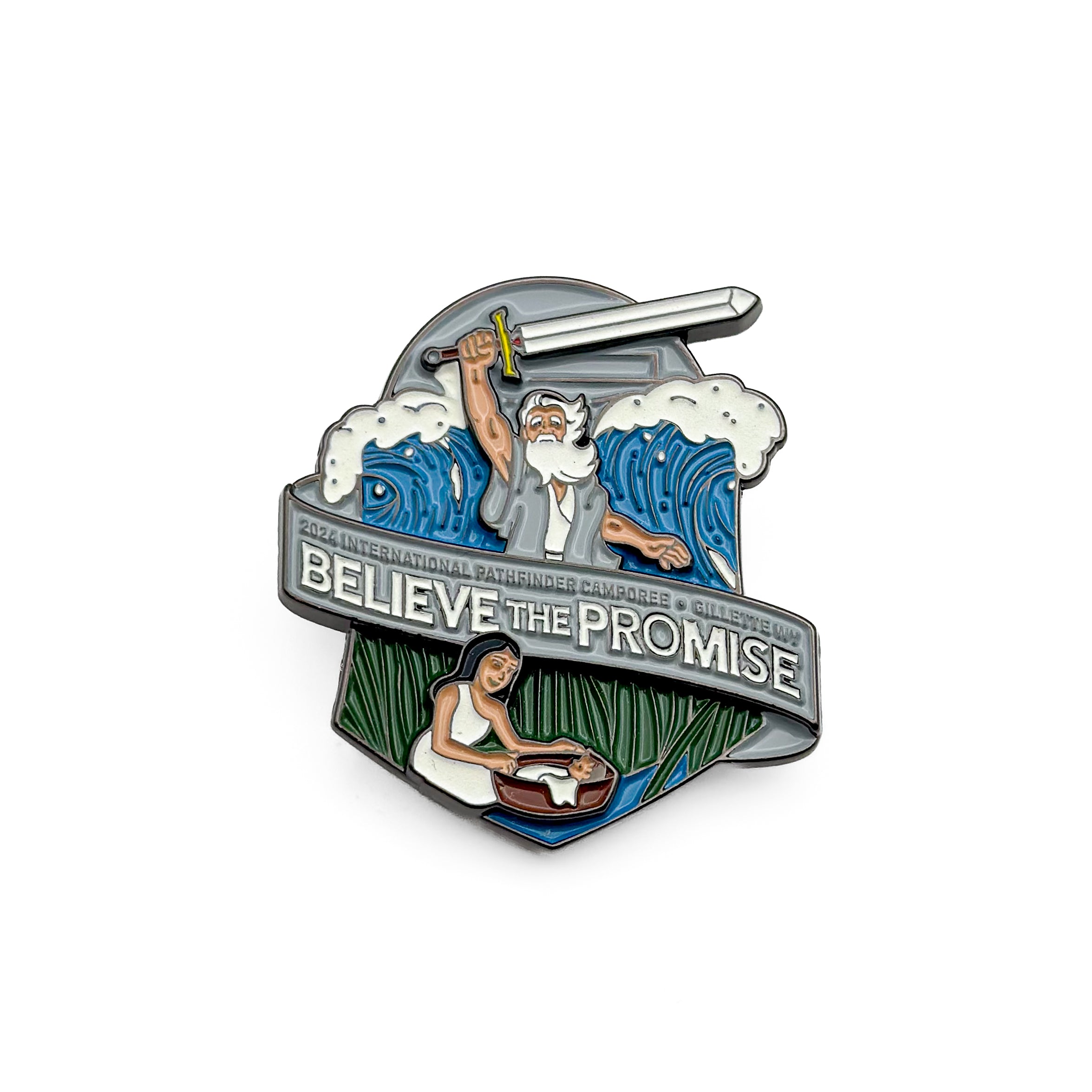 Juego de pins con la espada luminosa de Moisés Believe the Promise 2024
