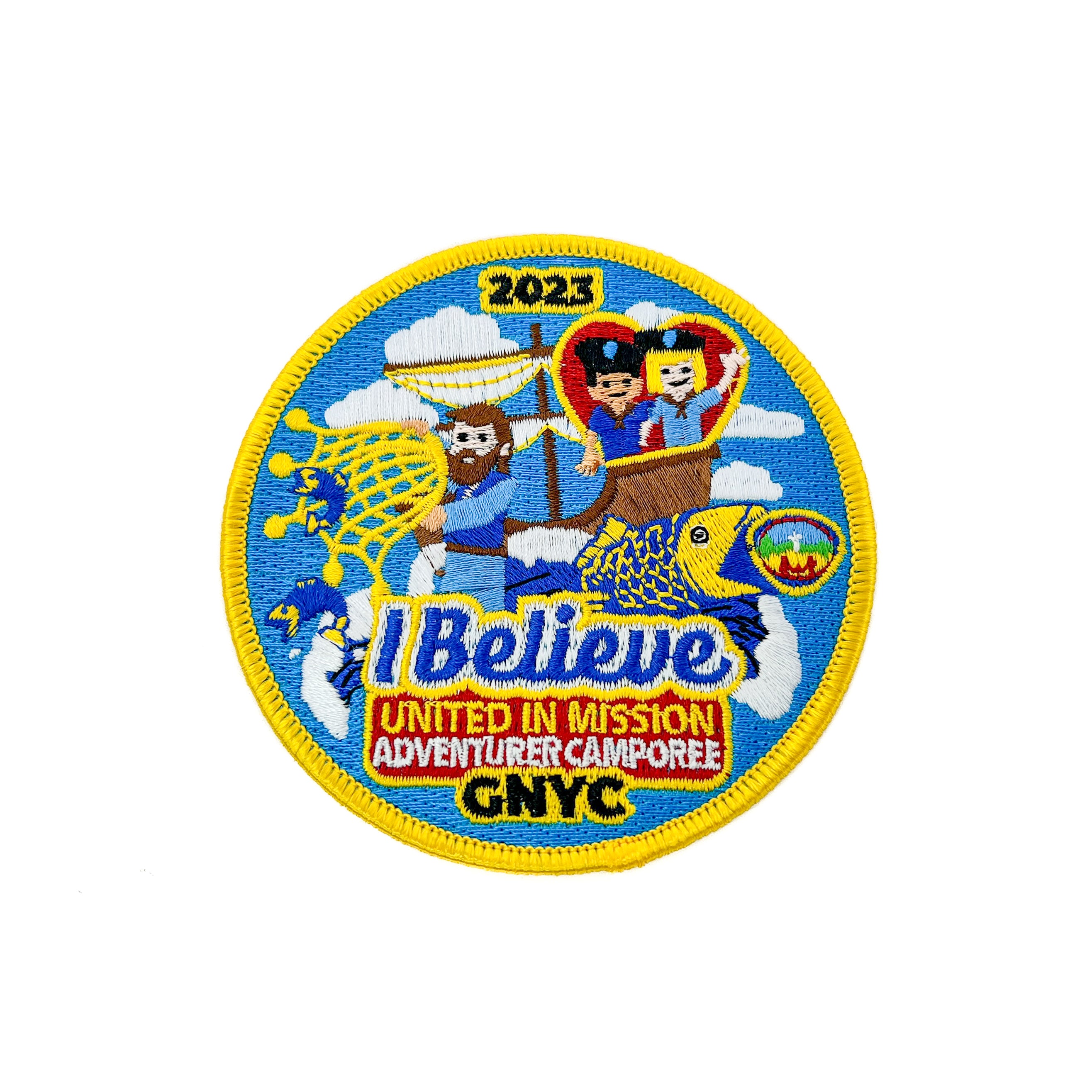 Paquete de pin y parche "Creo unidos en la misión" del Camporee de Aventureros de GNYC 2023