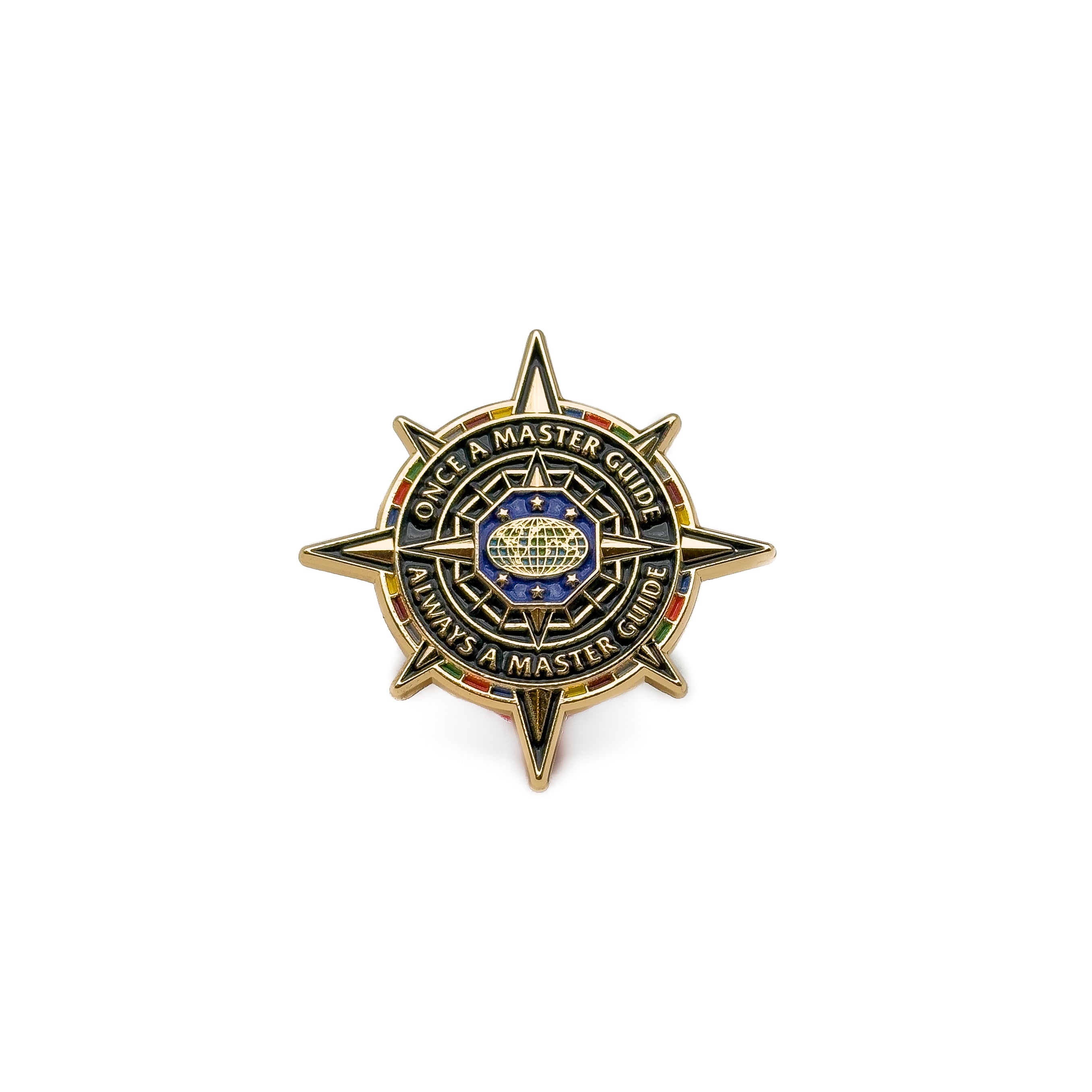 Star-shaped badge with text and emblem on a white background